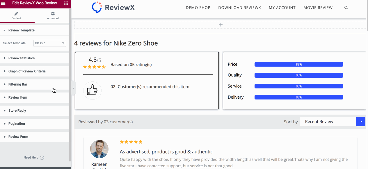 rvx woo review template select