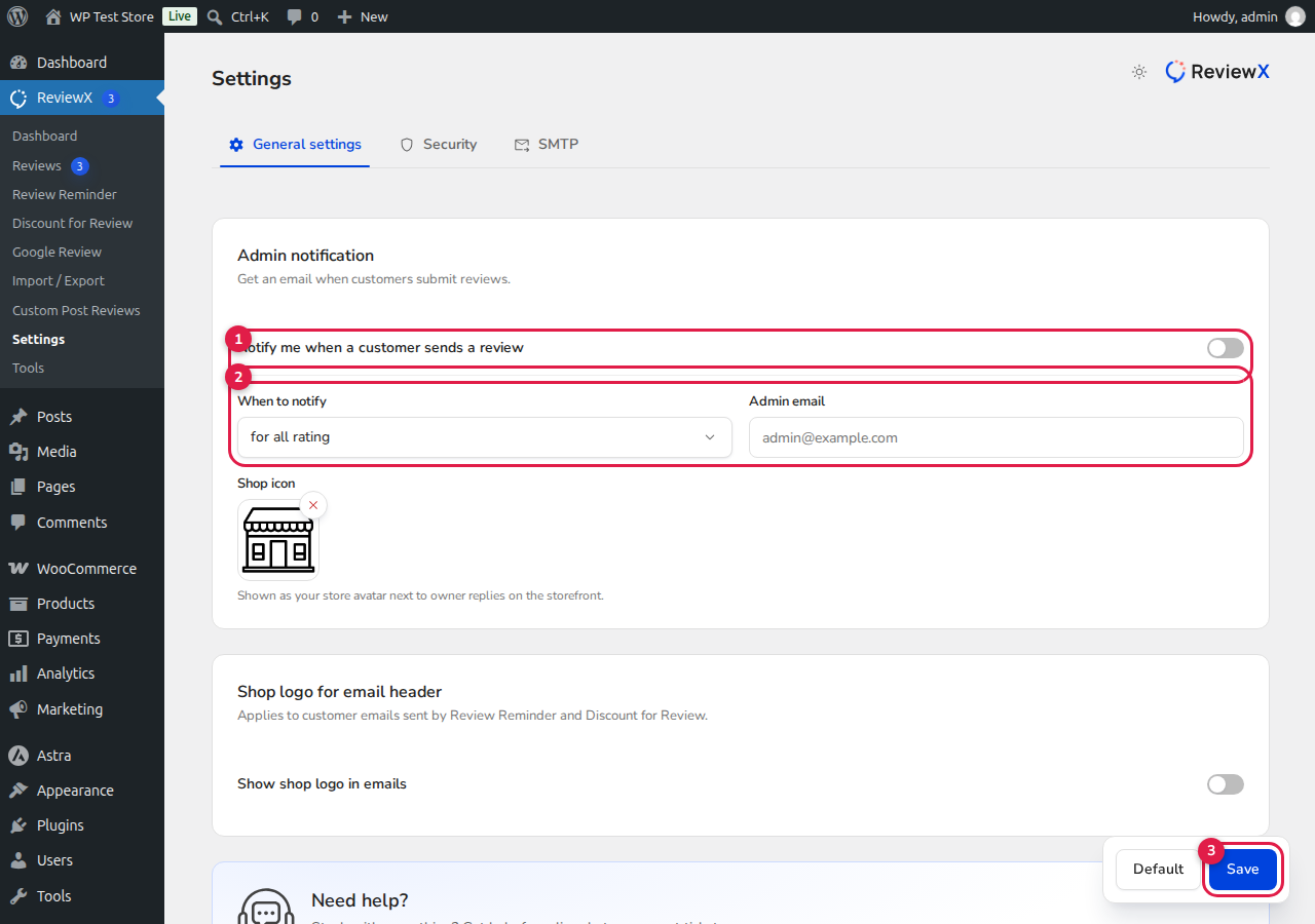 ReviewX Admin Notification Settings