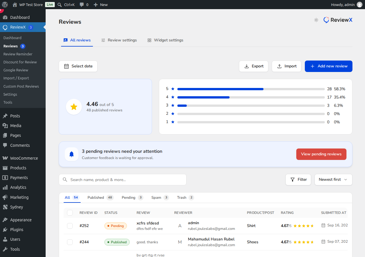 ReviewX All Reviews Moderation Table