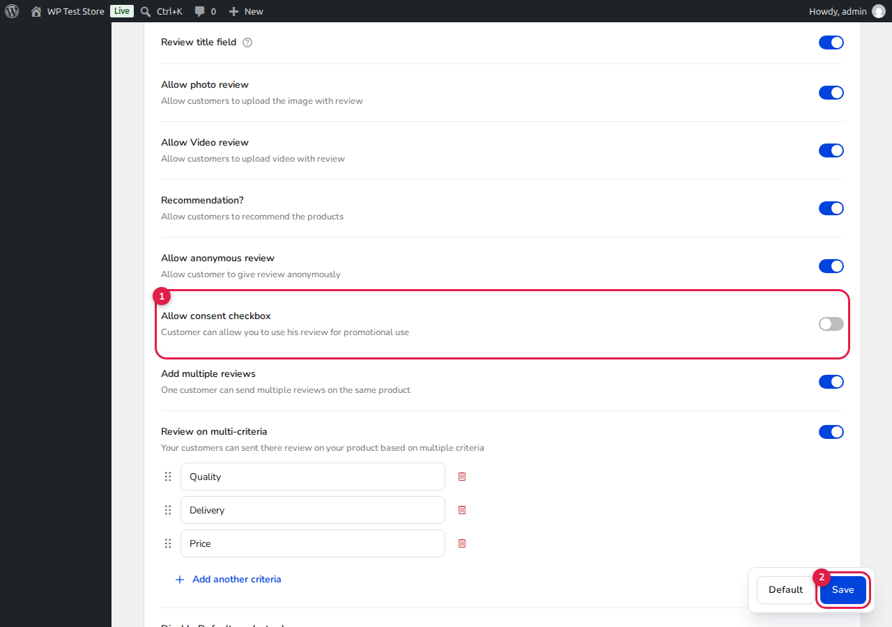 ReviewX Allow Consent Checkbox Setting