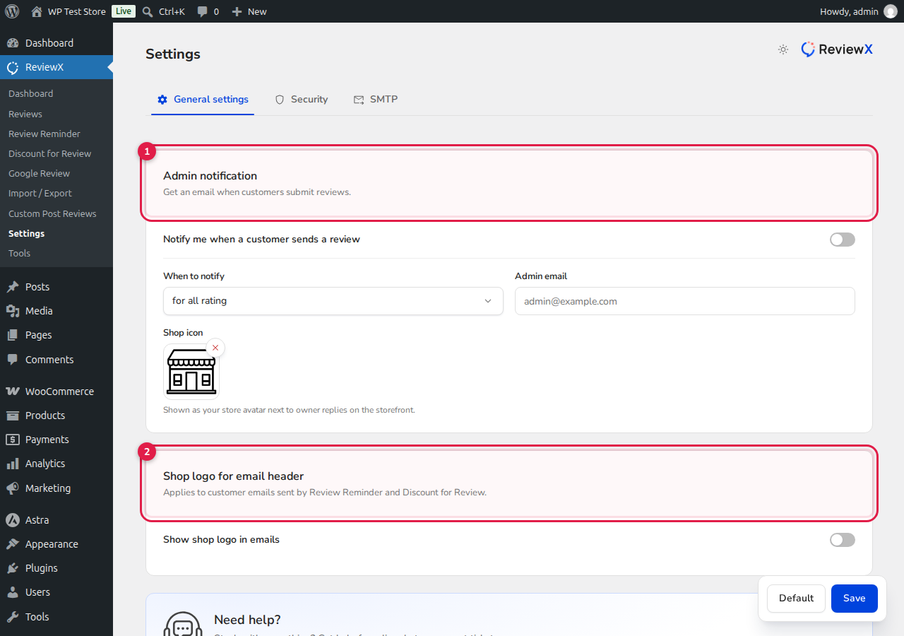 ReviewX General Settings Panel