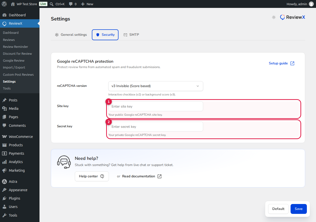 ReviewX Security Settings Annotated