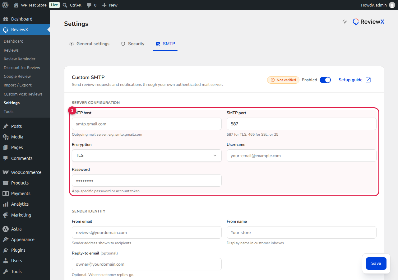 ReviewX Custom SMTP Server Configuration Form