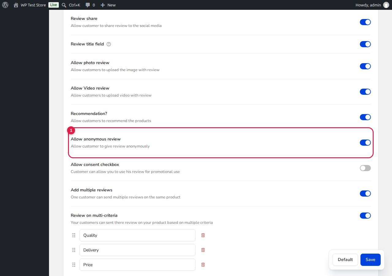 ReviewX Allow Anonymous Review Setting