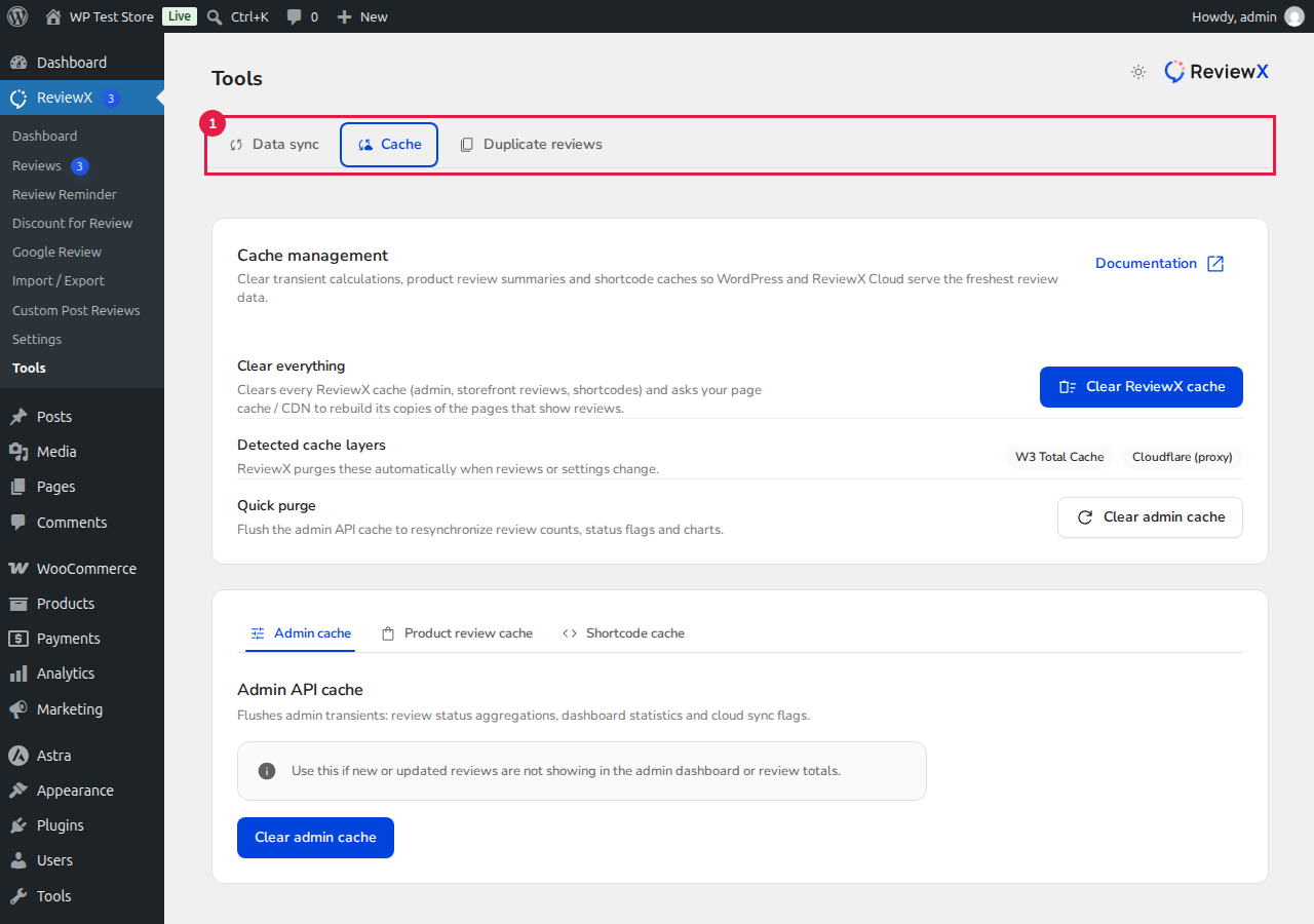 ReviewX Cache Management Screen