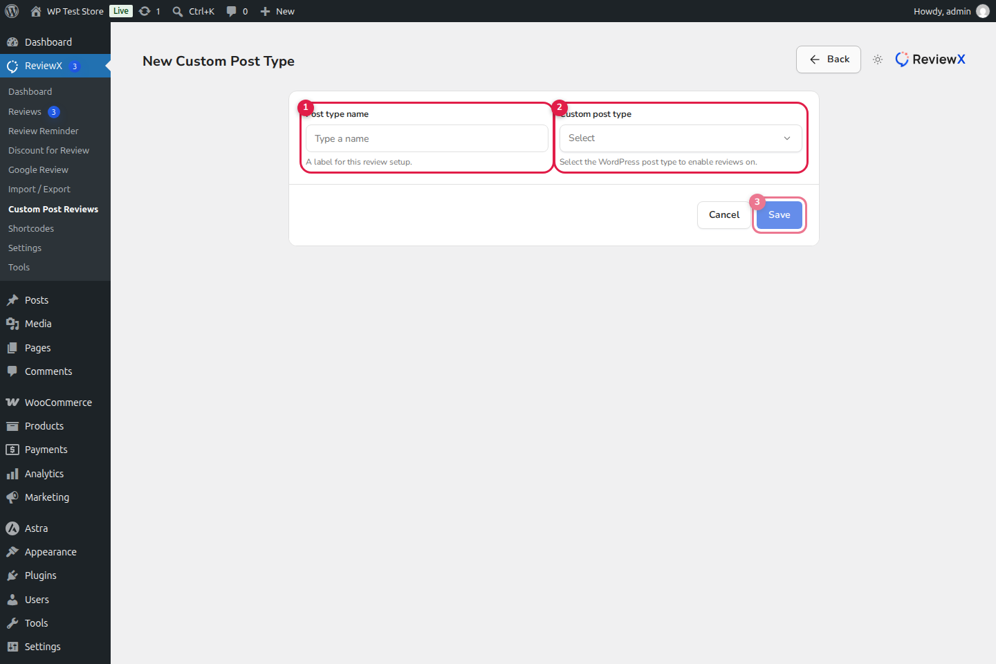 Add Custom Post Type Modal in ReviewX