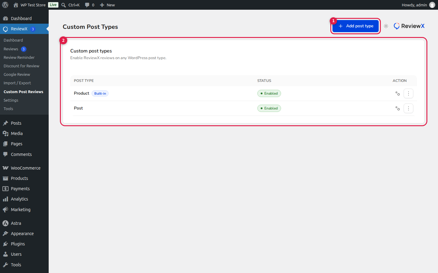 ReviewX Custom Post Types Management
