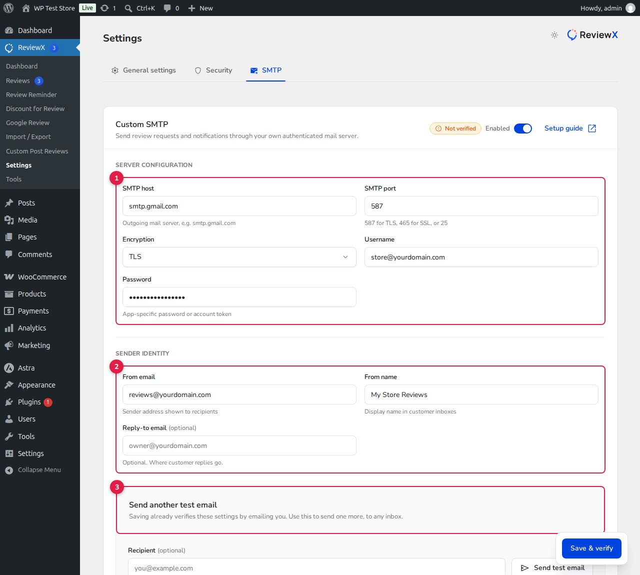 ReviewX Custom SMTP Settings Configuration