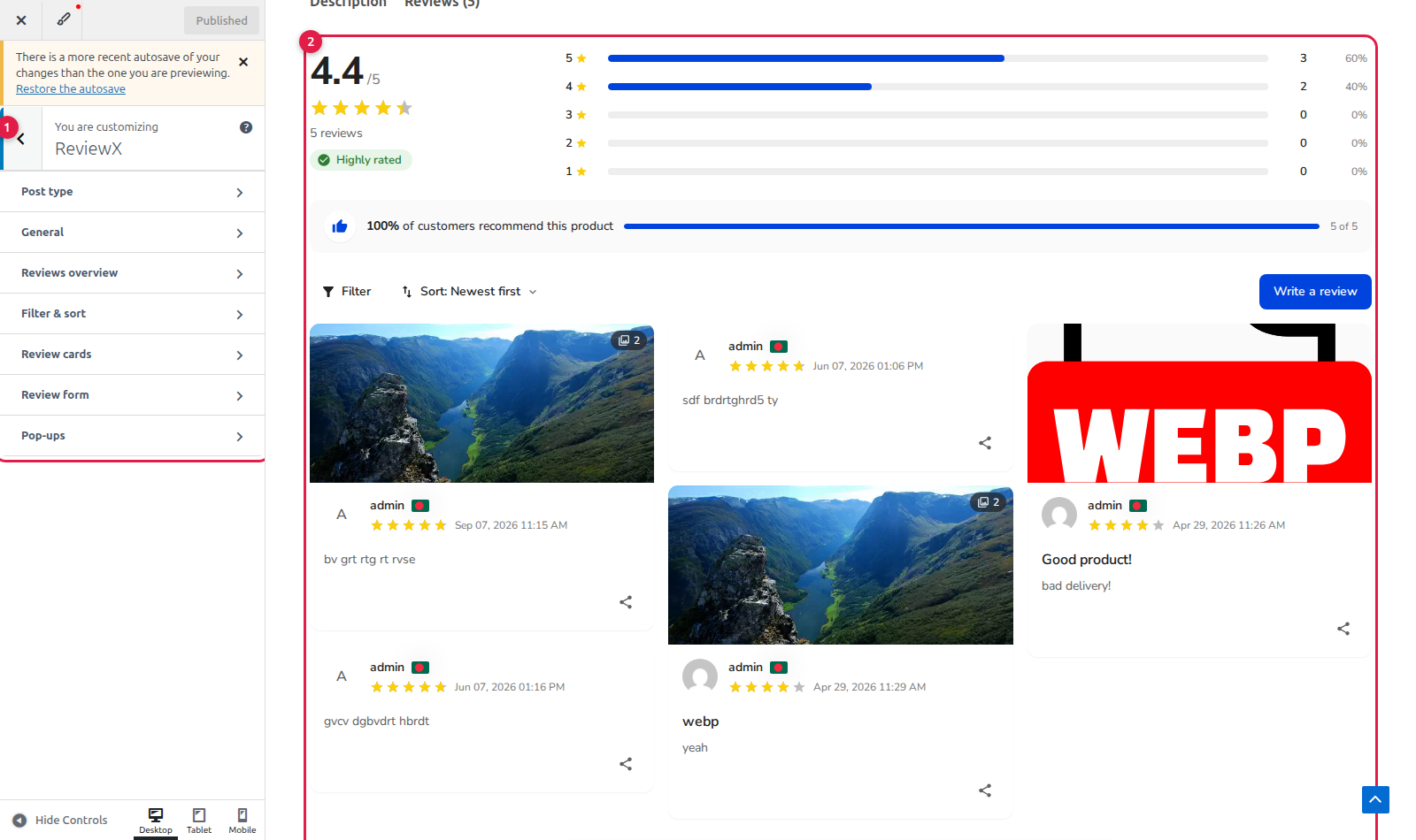 ReviewX WordPress Live Customizer Panel Overview
