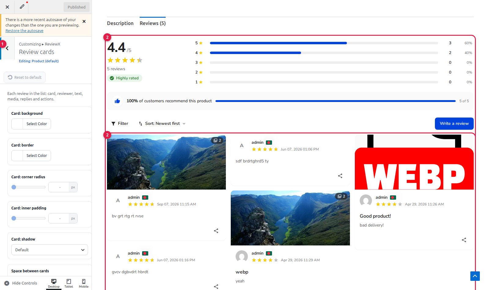Customizing Review Cards in ReviewX WordPress Live Customizer