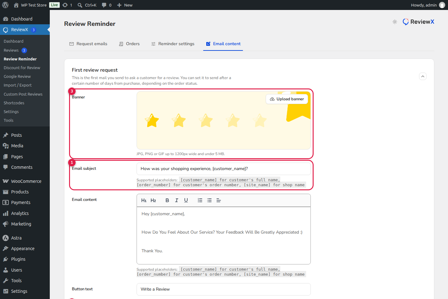 ReviewX Email Template Editor with Dynamic Variables