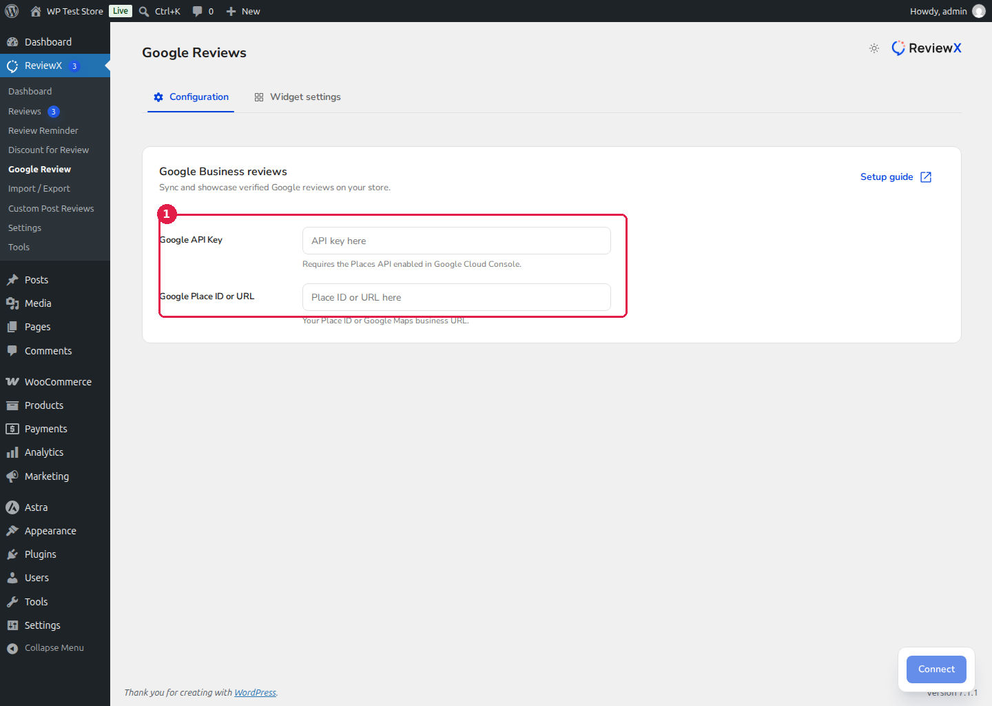 ReviewX Google Reviews Integration Panel