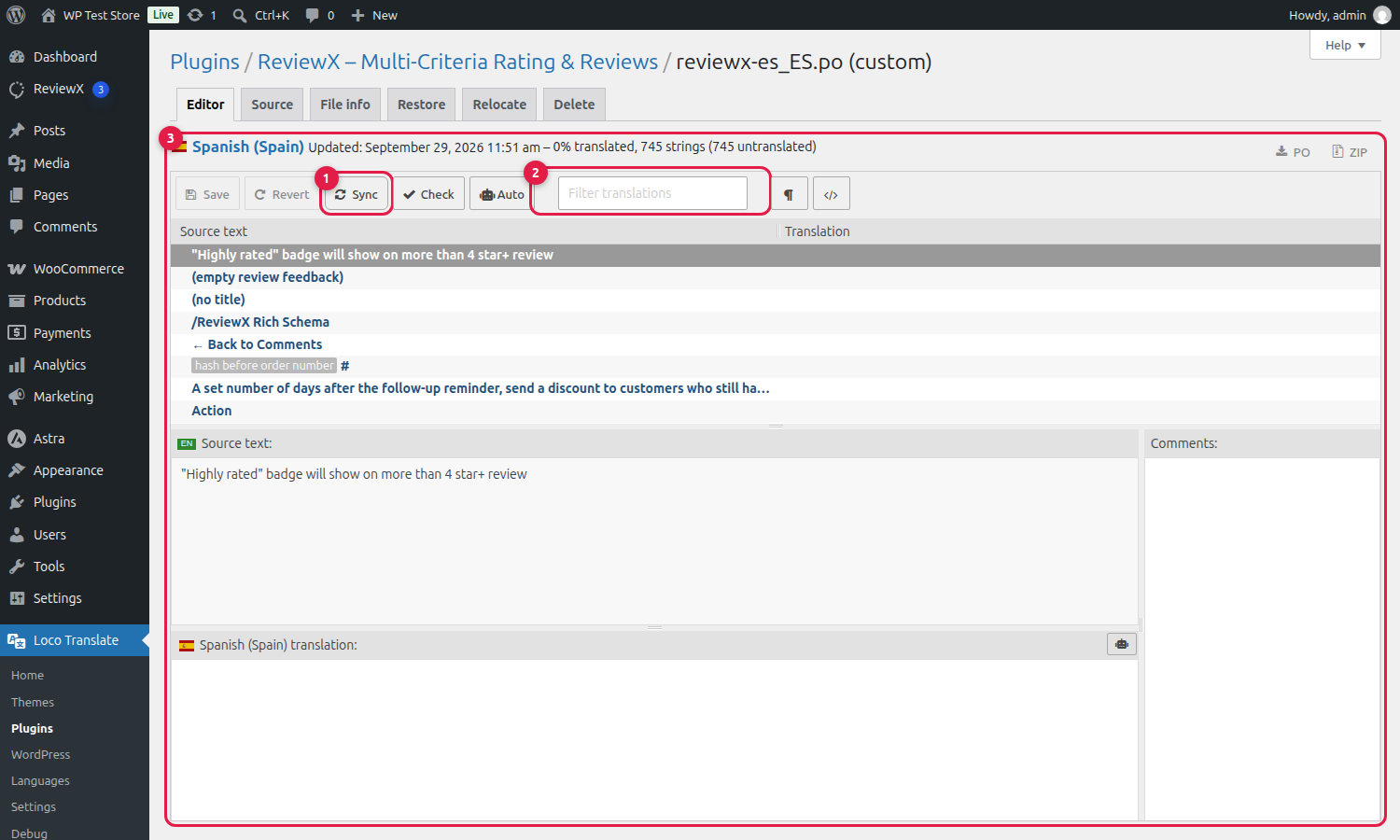 Translating ReviewX Strings in Loco Translate PO Editor