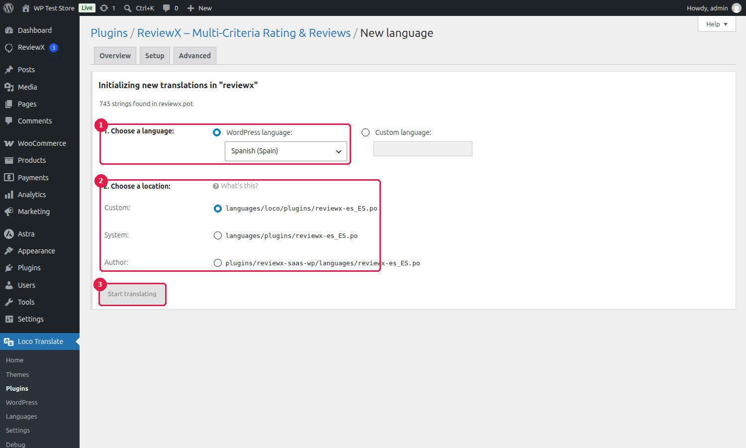 Creating a New Language File for ReviewX in Loco Translate