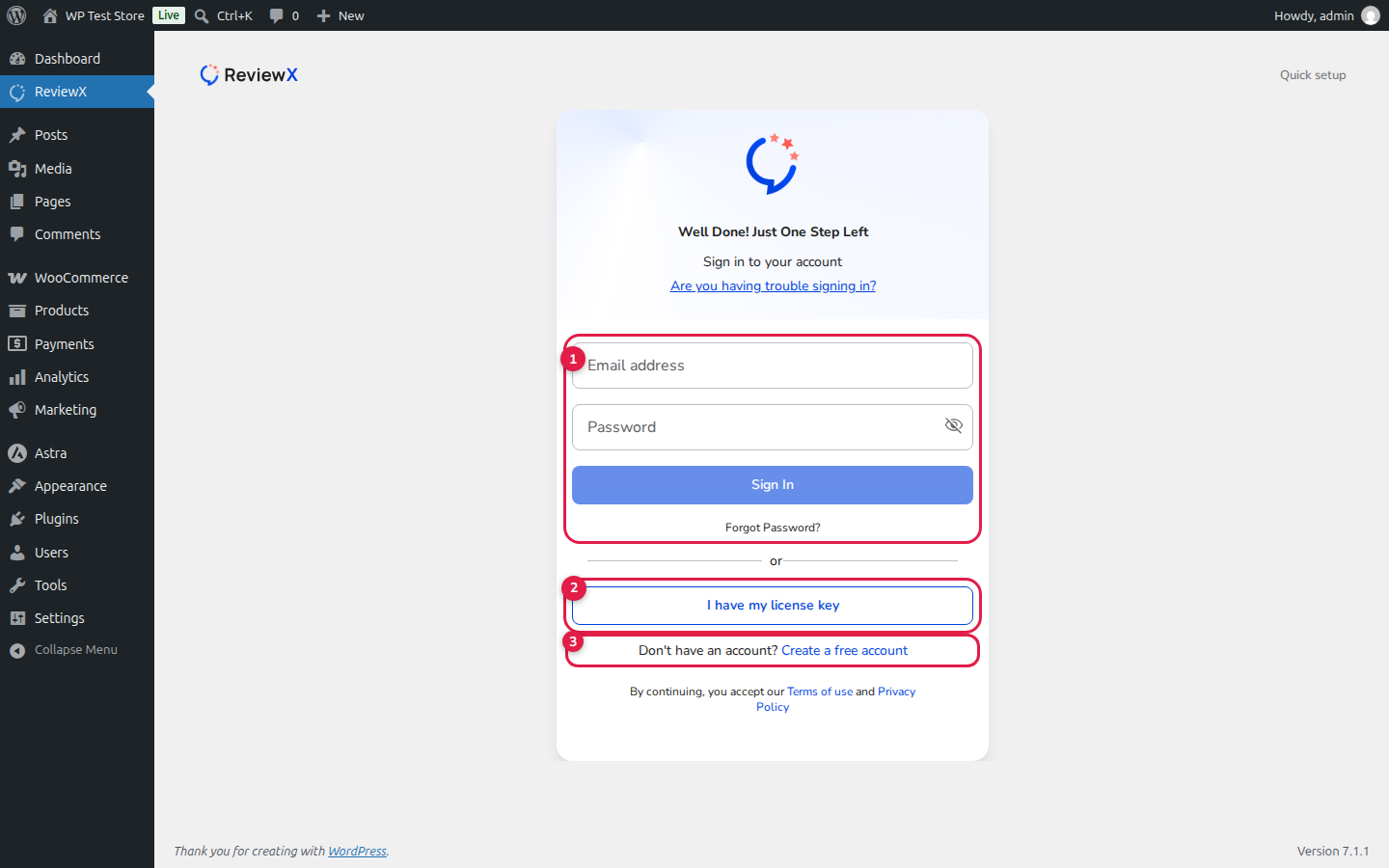 ReviewX Onboarding Sign In and License Key Options