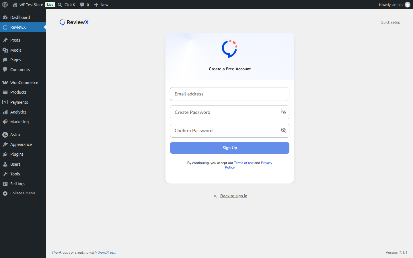 ReviewX Client Portal Account Registration Screen