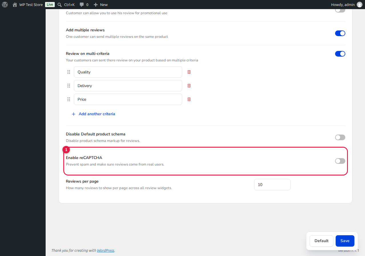 ReviewX Review Settings Enable reCAPTCHA Switch