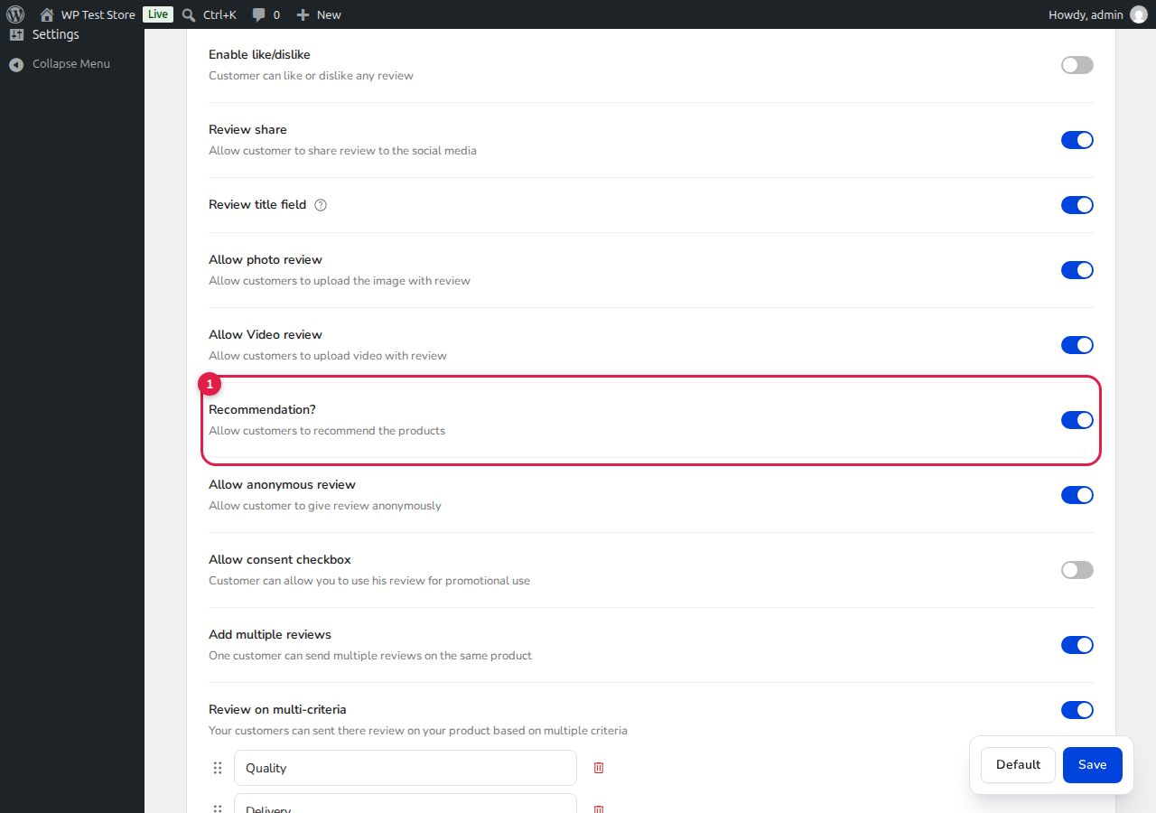 ReviewX Enable Customer Recommendation Setting