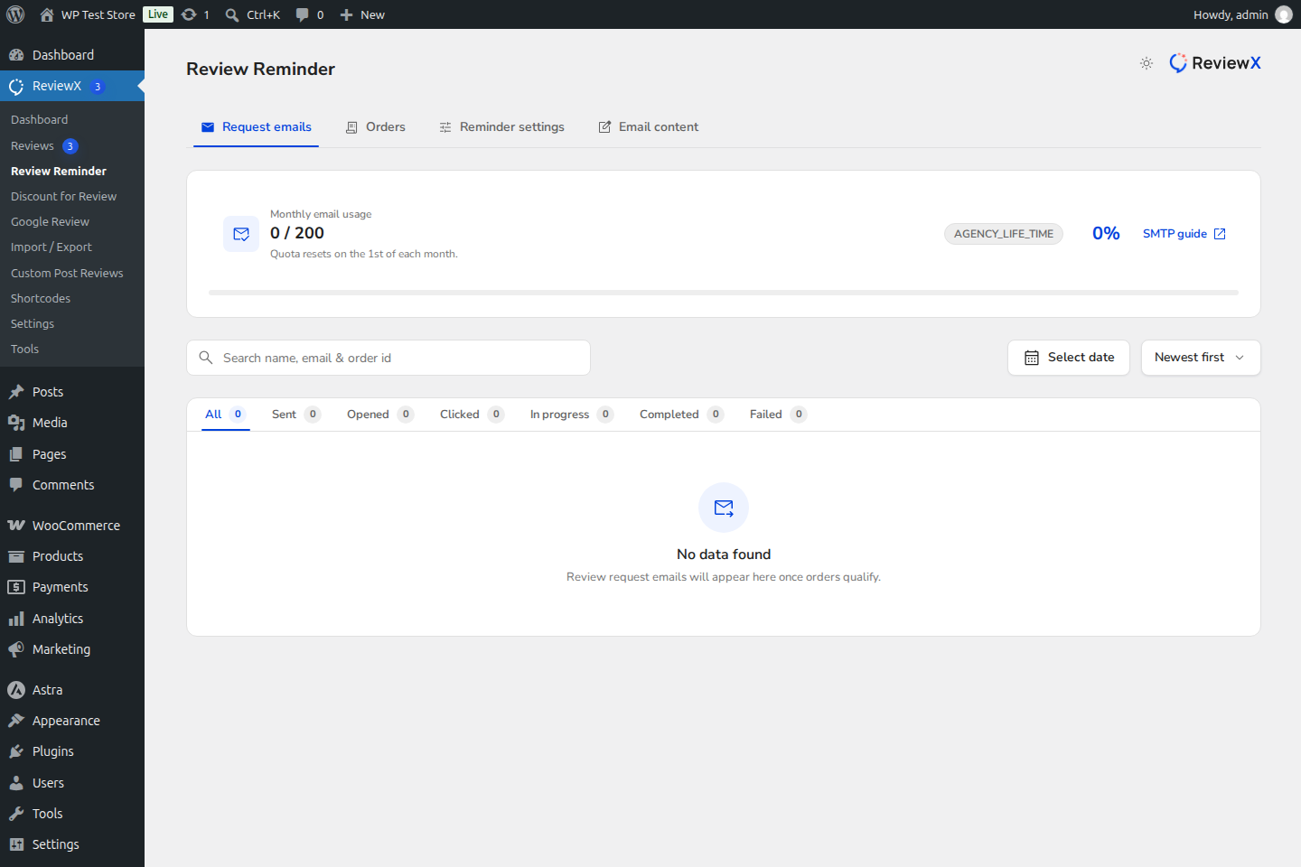 ReviewX Monthly Email Quota Overview