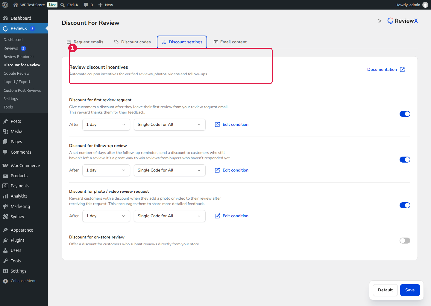 ReviewX Discount for Review Settings