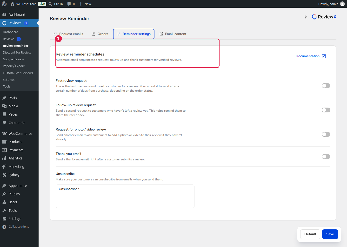 ReviewX Review Reminder Settings