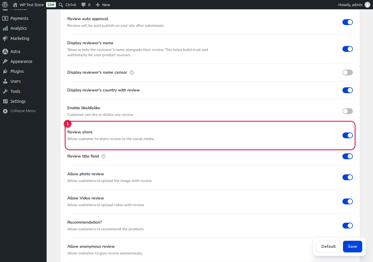 ReviewX Enable Review Share Setting