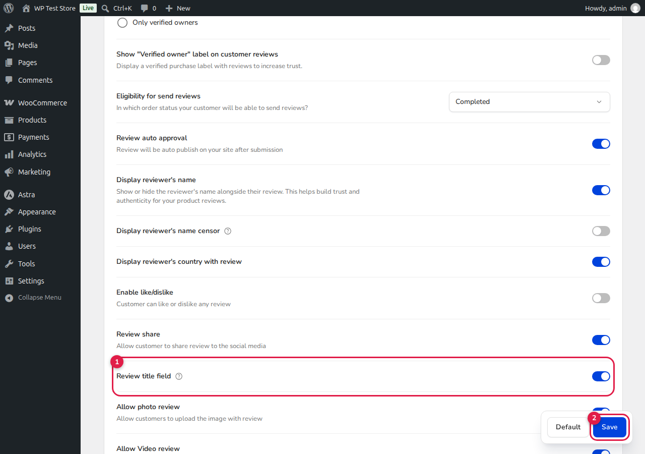 ReviewX Review Title Field Setting