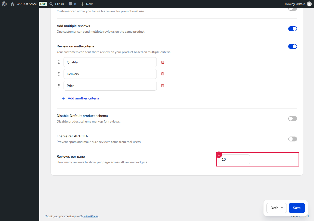 ReviewX Reviews Per Page Setting