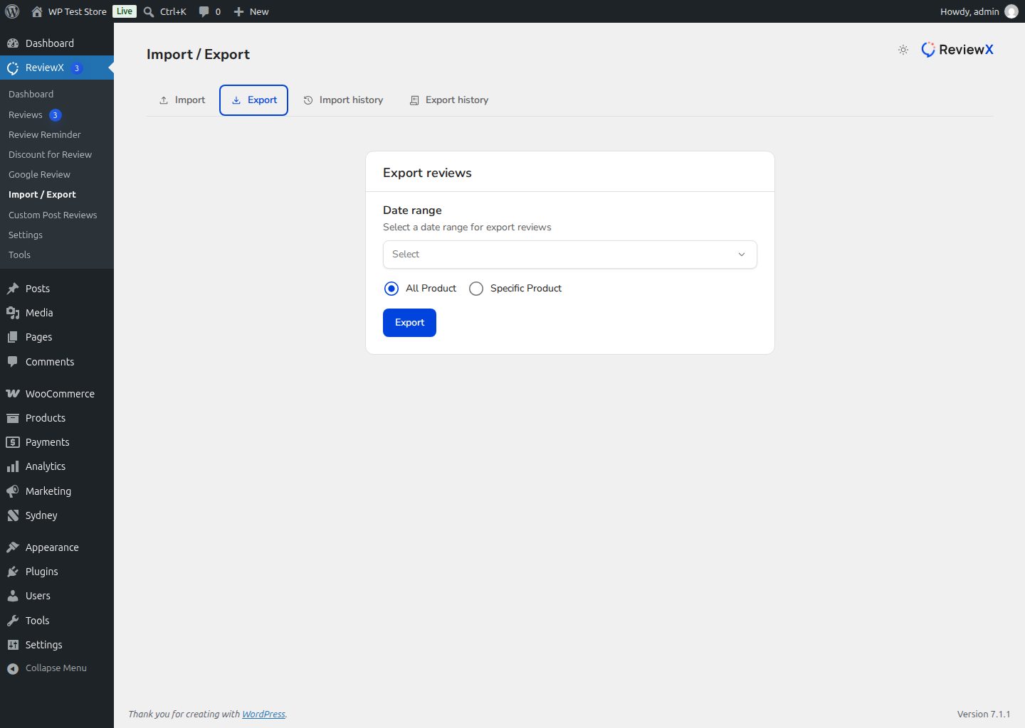ReviewX Export Reviews to CSV Screen
