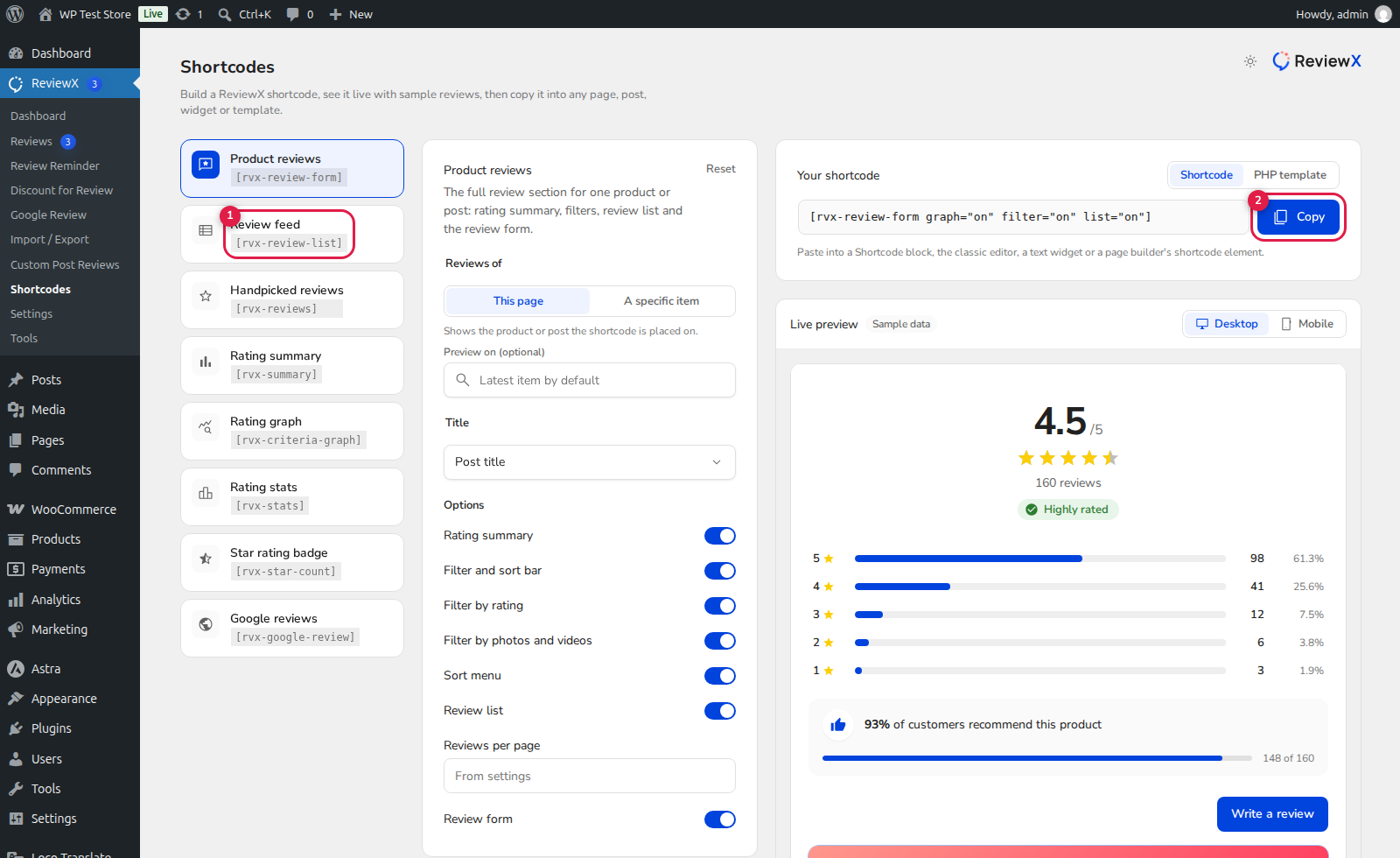 ReviewX Shortcode Builder and Custom Post Type Review List Embedding