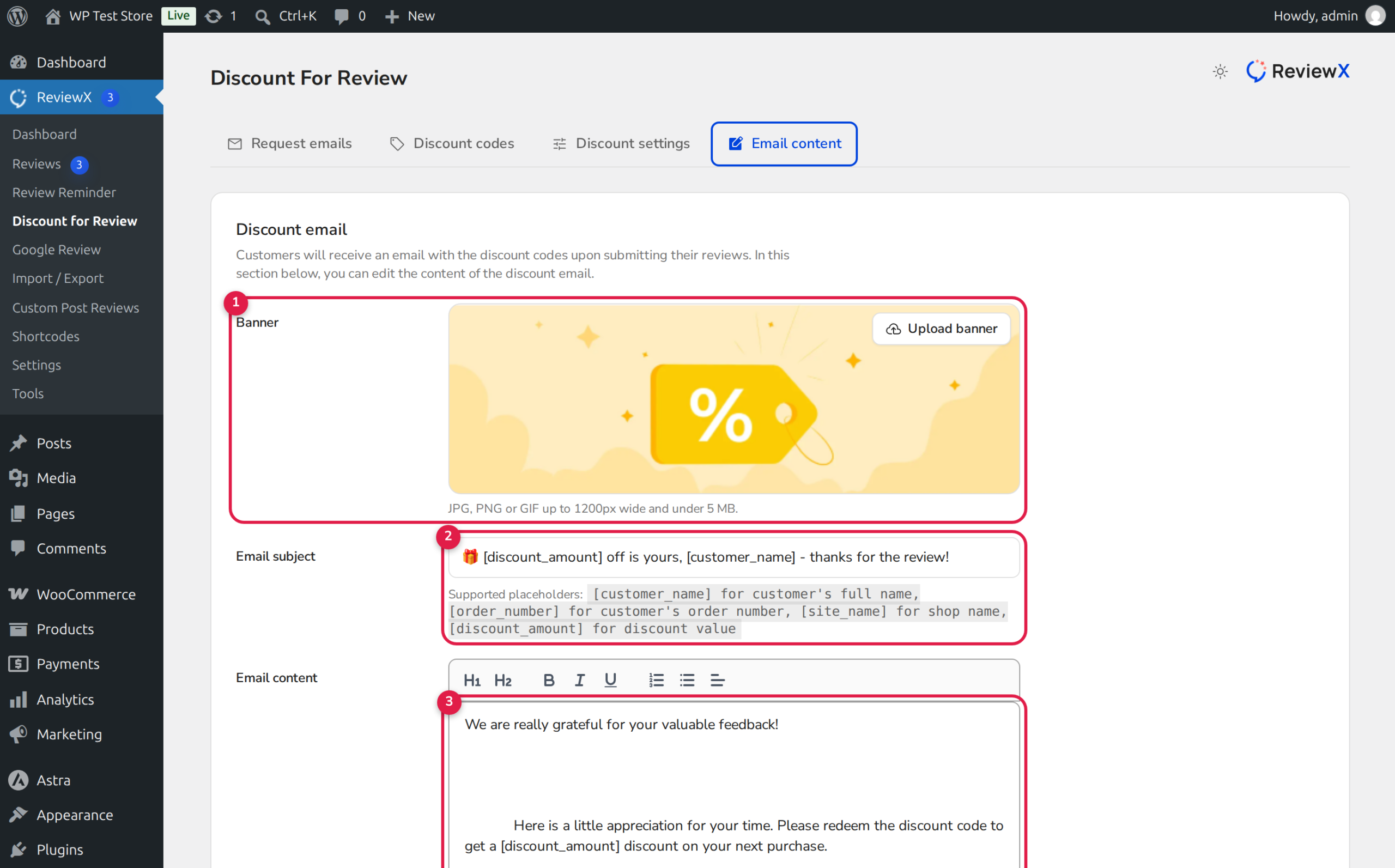 ReviewX Discount Email Template Editor Placeholders and Incentive Teaser Message