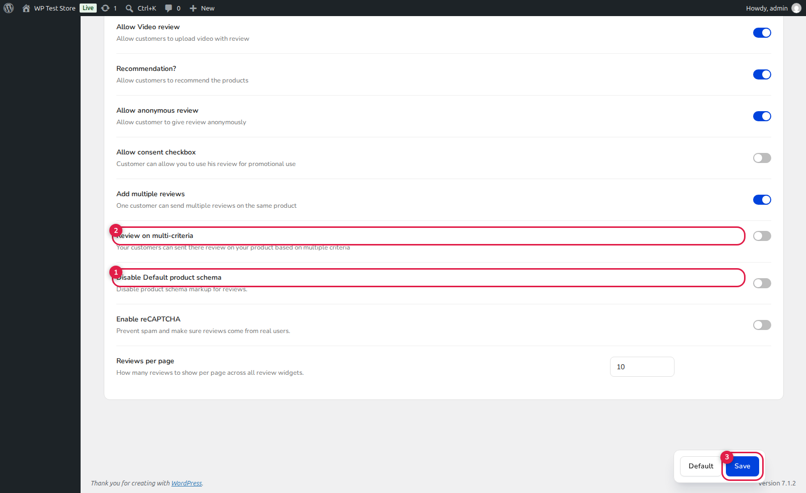 ReviewX Product Schema Markup Settings and Toggle