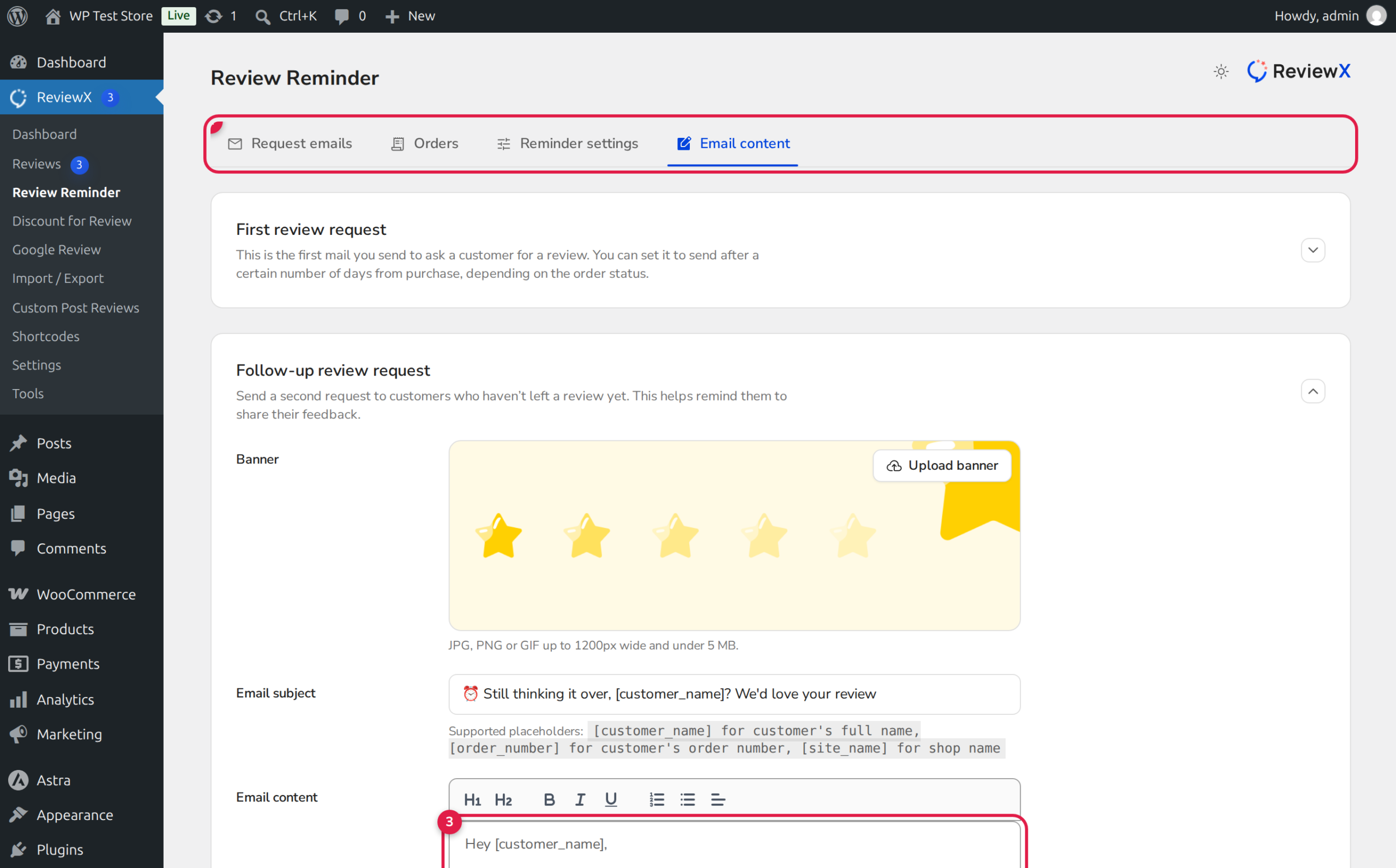 ReviewX Follow-Up Review Request Email Template and Timing Customizer