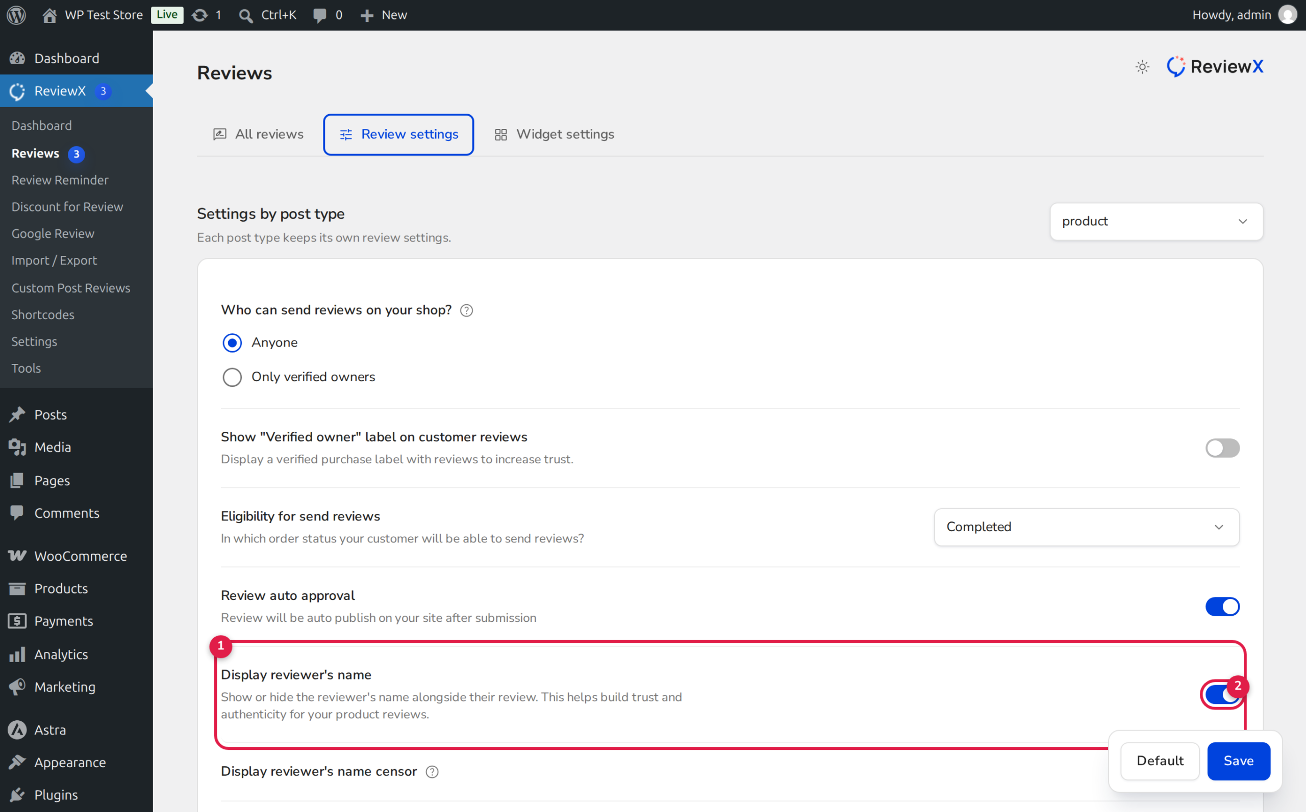 ReviewX Display Reviewer Name Setting for Storefront Product Reviews