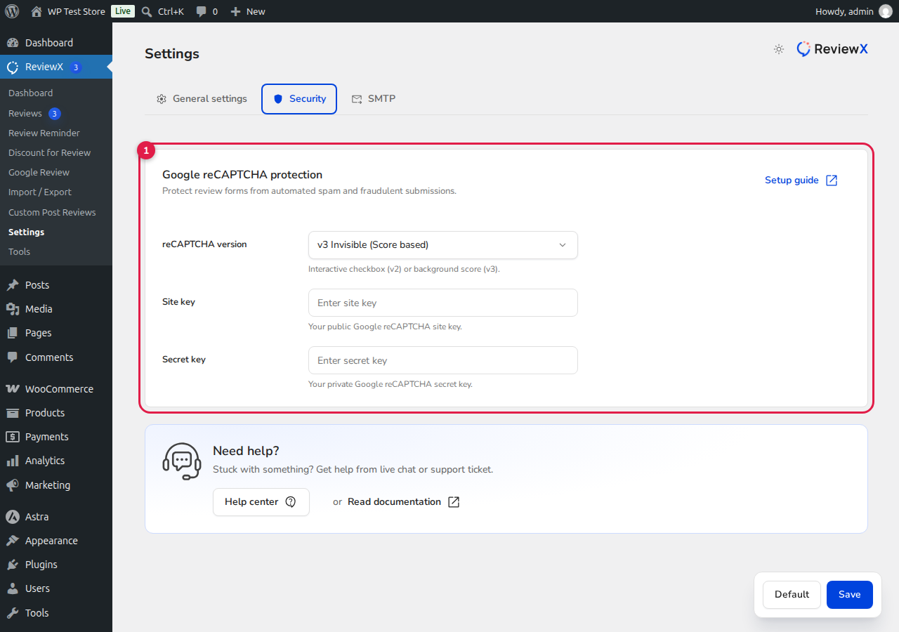 Google reCAPTCHA Protection Settings in ReviewX