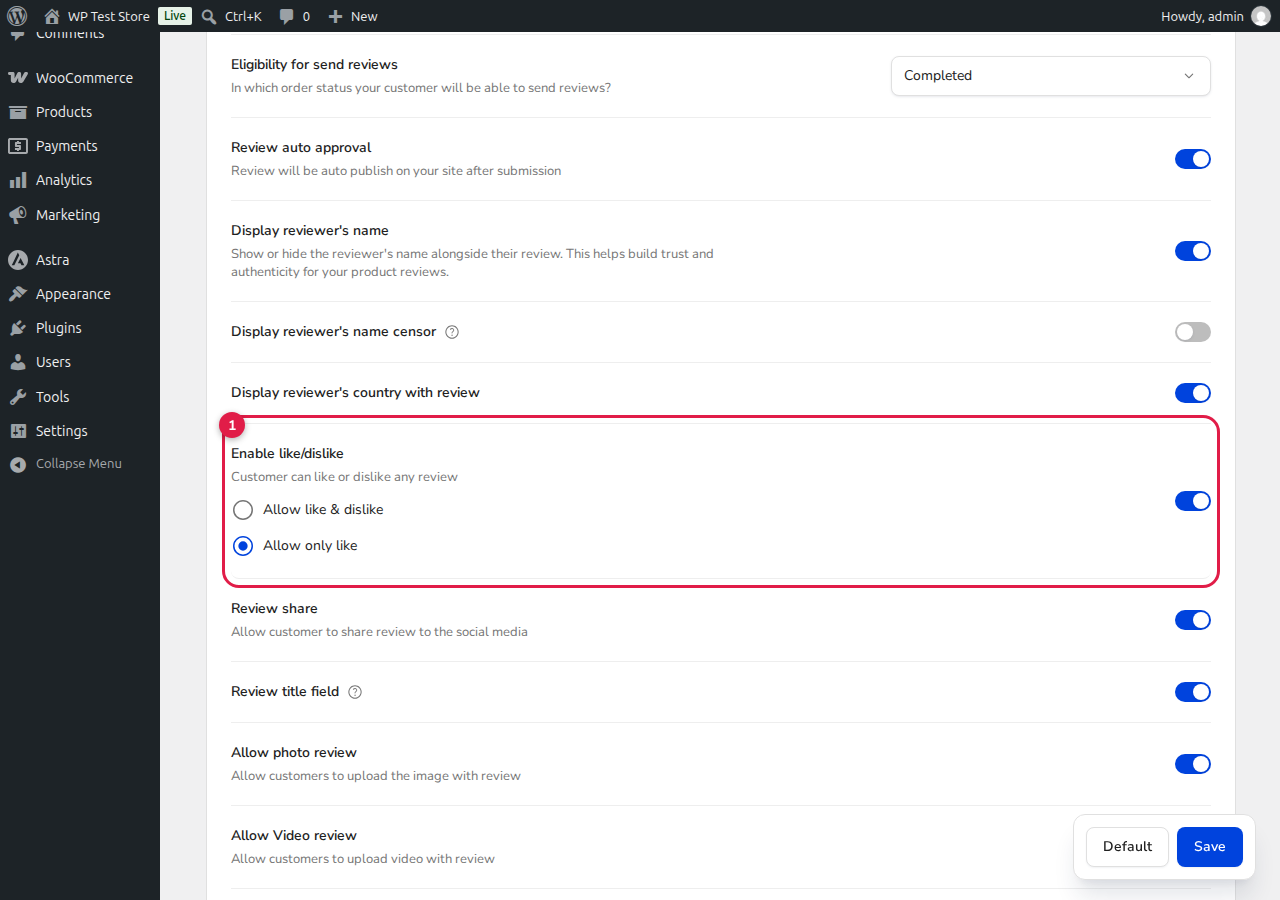 ReviewX Review Voting System Like and Dislike Settings