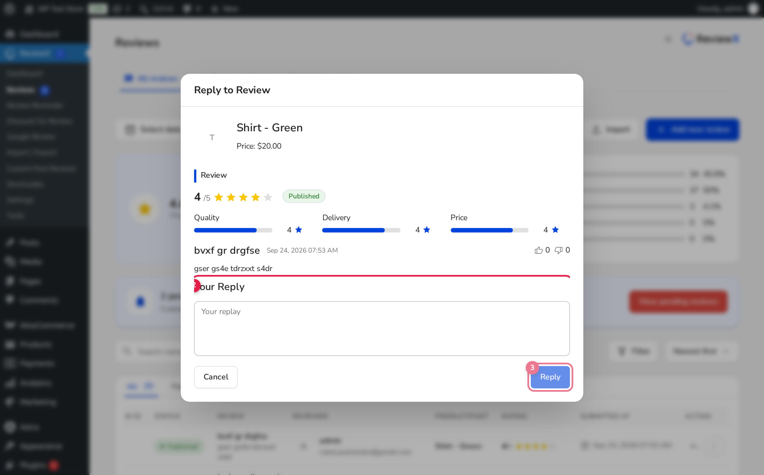 ReviewX Admin Reply Modal on Manage Reviews Dashboard