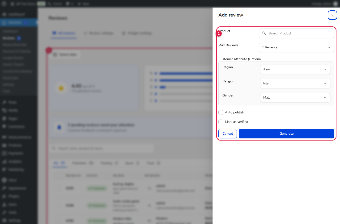 ReviewX AI Review Generator Drawer and Regional Demographics Configuration