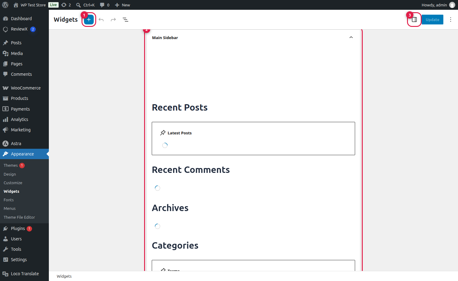 ReviewX Classic Widgets in WordPress Appearance Widgets Screen