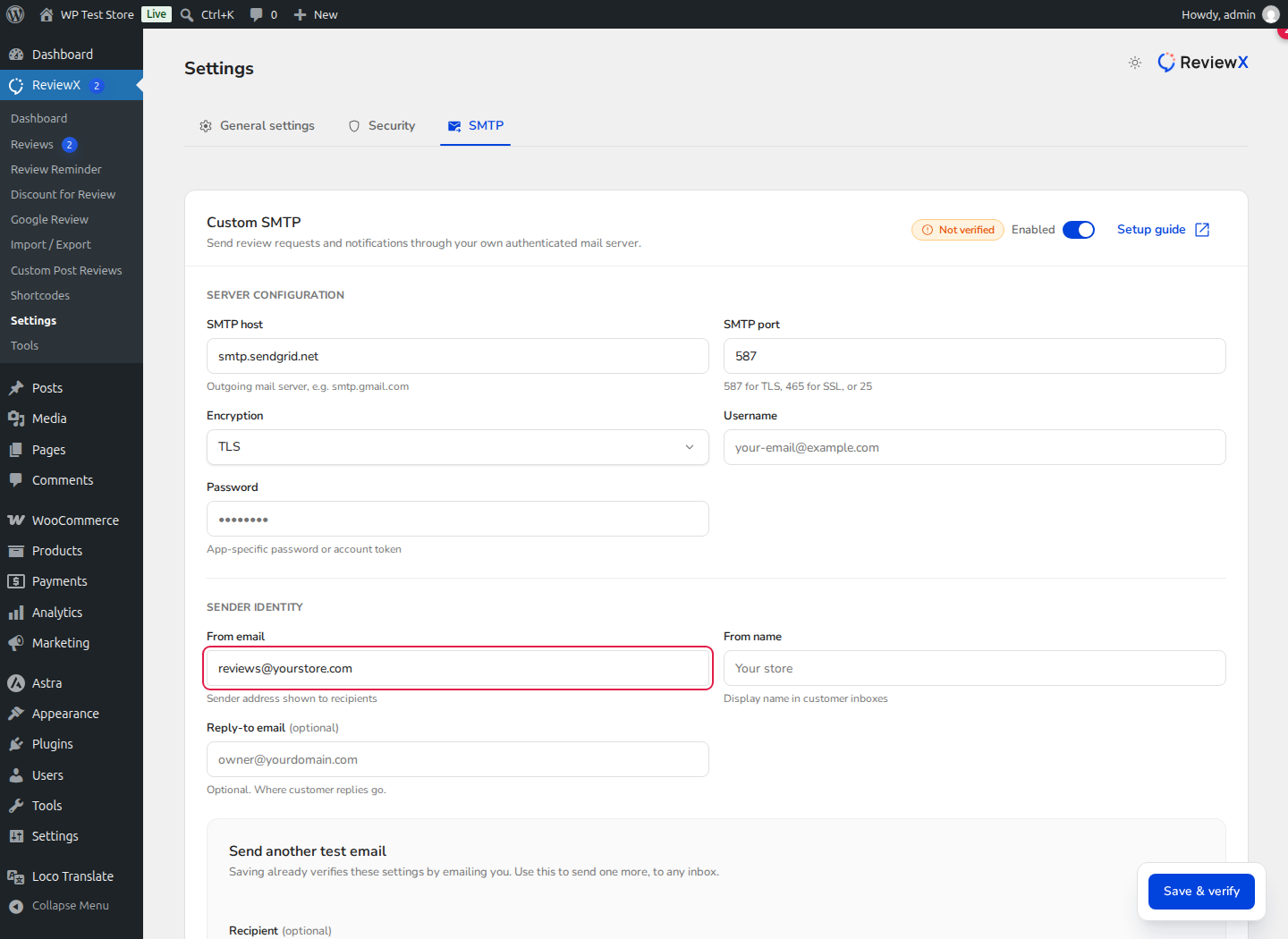 ReviewX Custom Email Sender Identity and SMTP Configuration