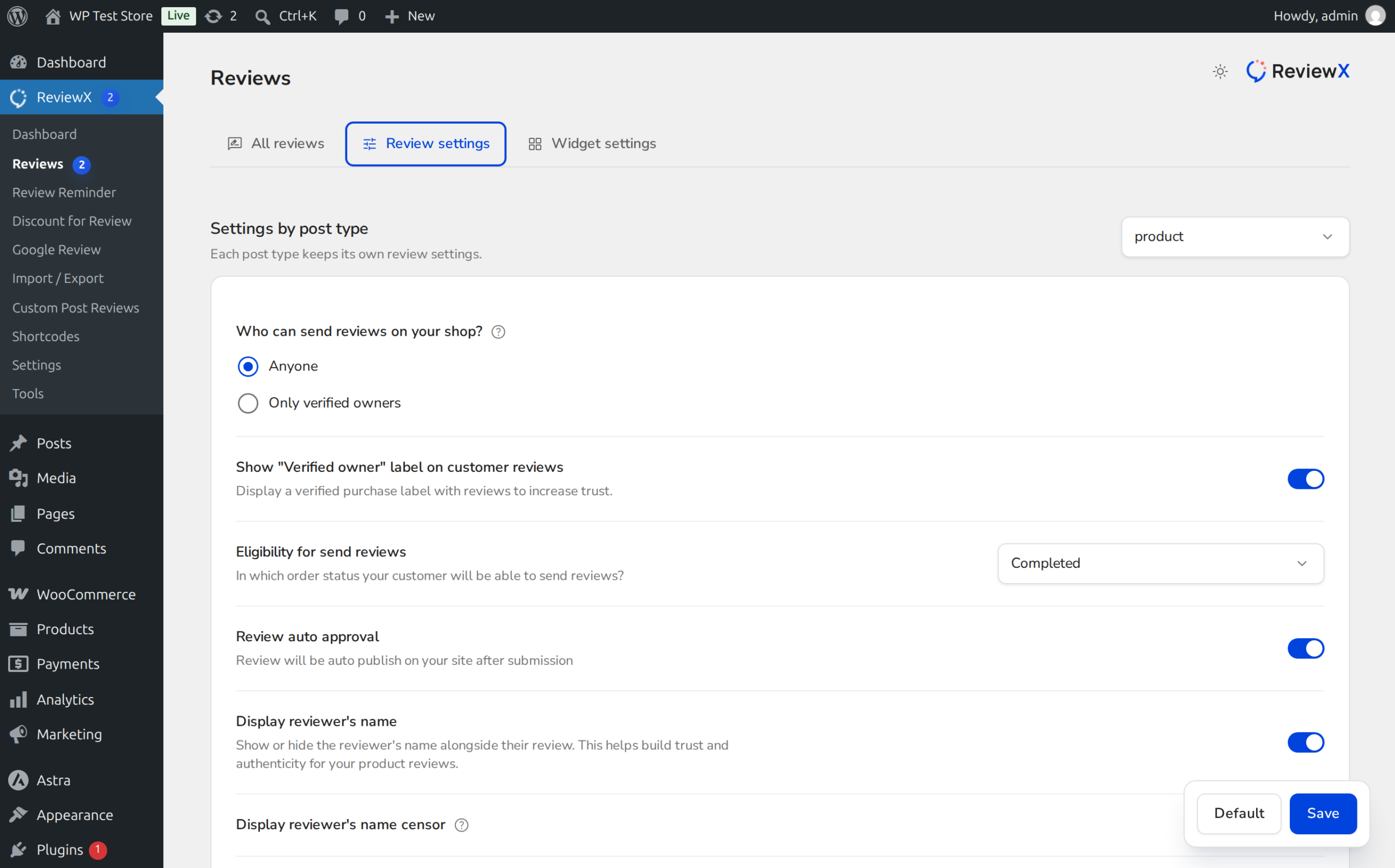 ReviewX Enable Like Dislike and Allow Likes Only Settings