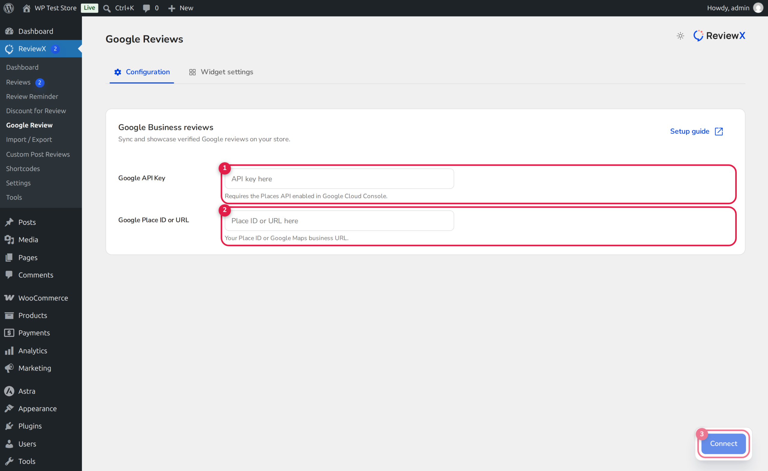 ReviewX Google Reviews Configuration and Place API Settings