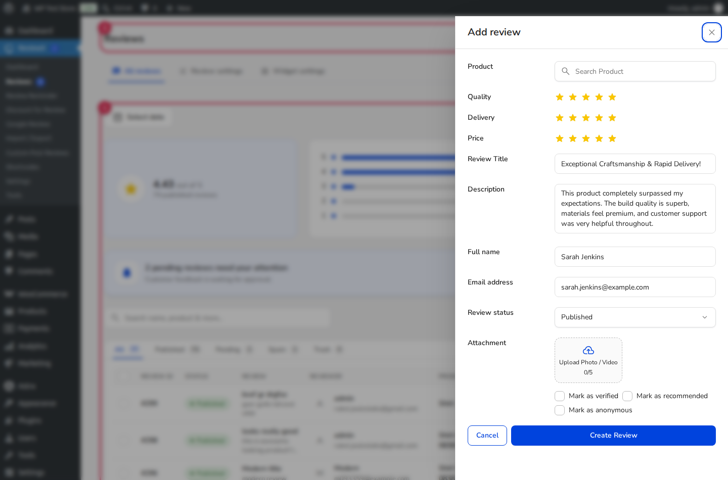 ReviewX Manual Customer Review Submission Drawer in WordPress Admin