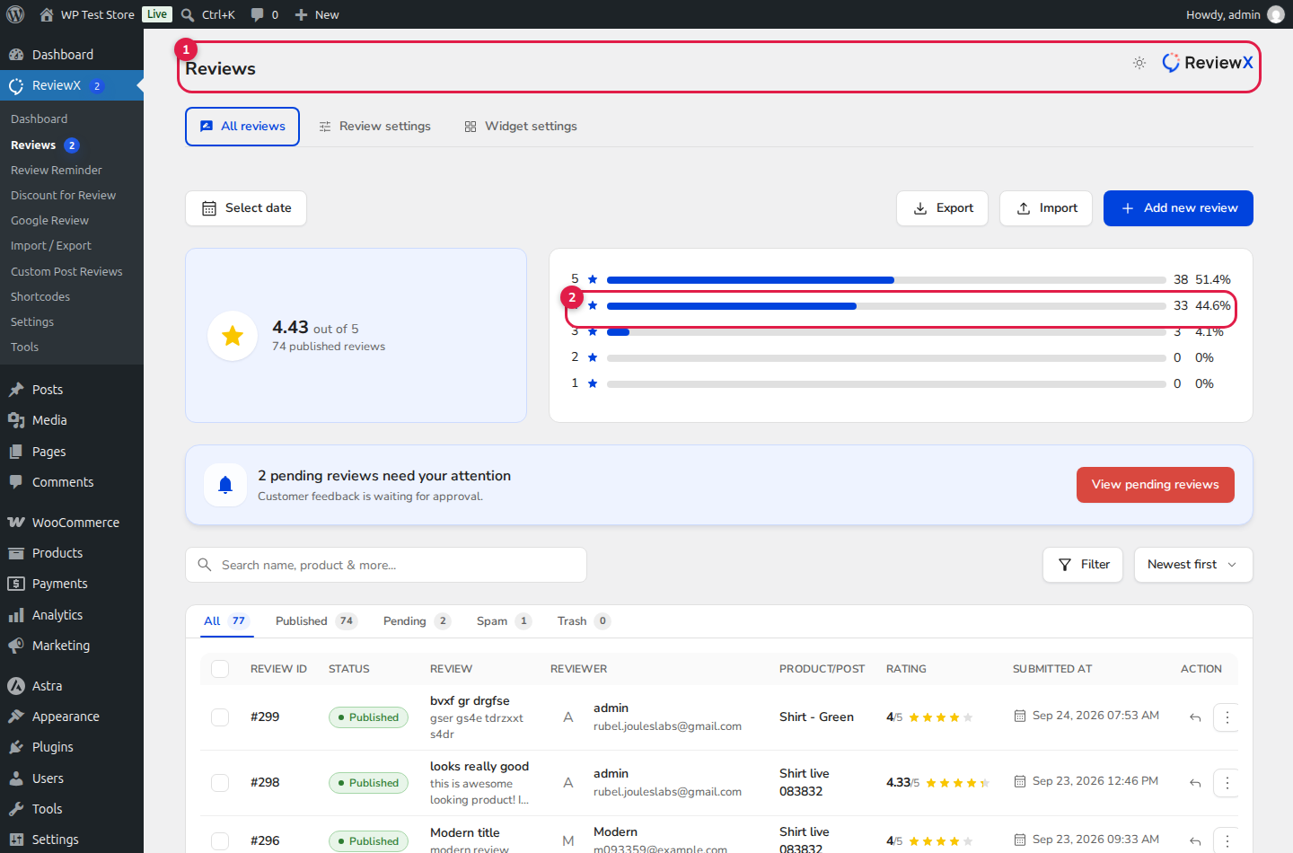 ReviewX Review Moderation Table and Status Filtering