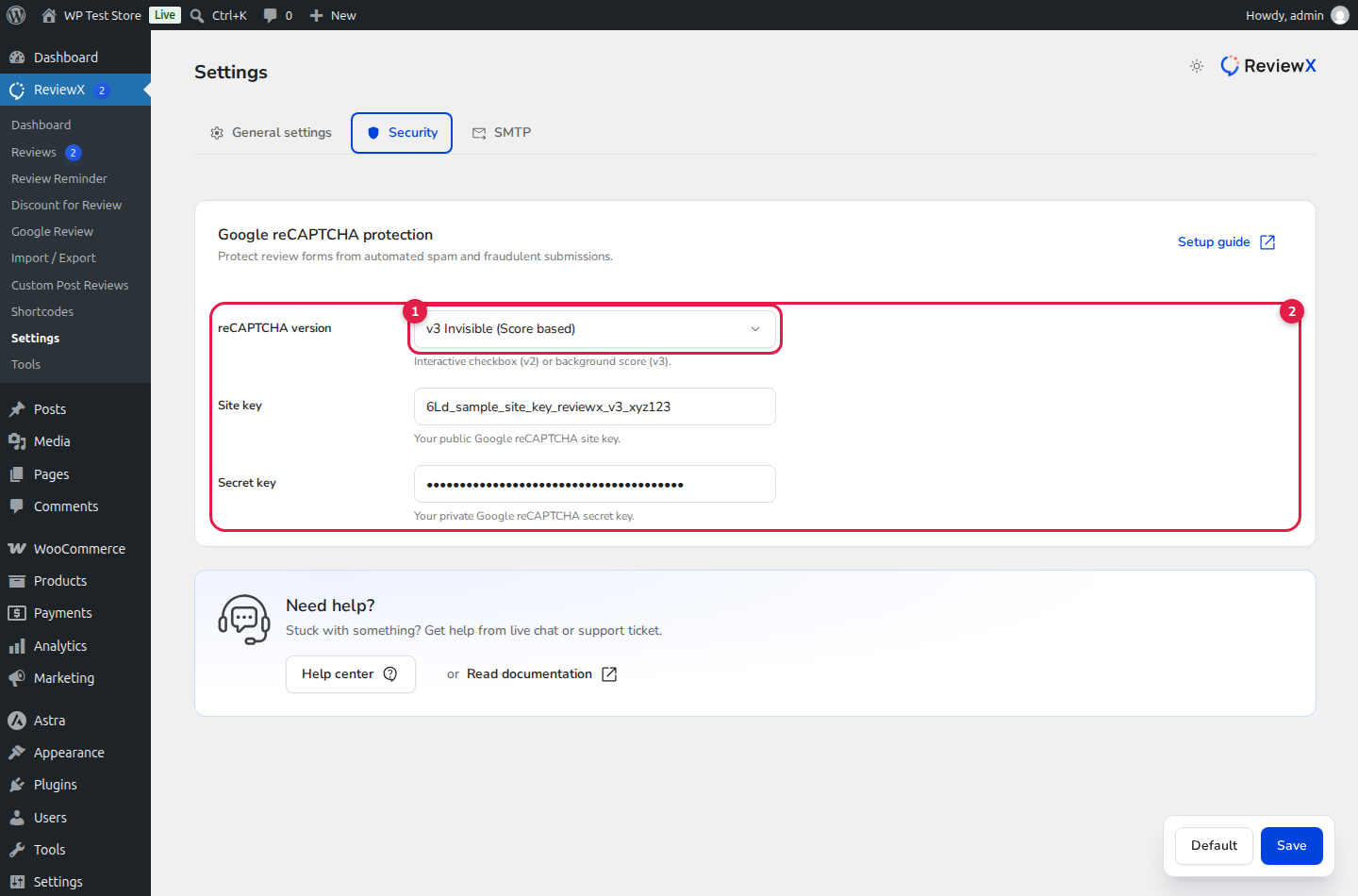 ReviewX Google reCAPTCHA v3 Security Configuration and Anti-Spam Protection