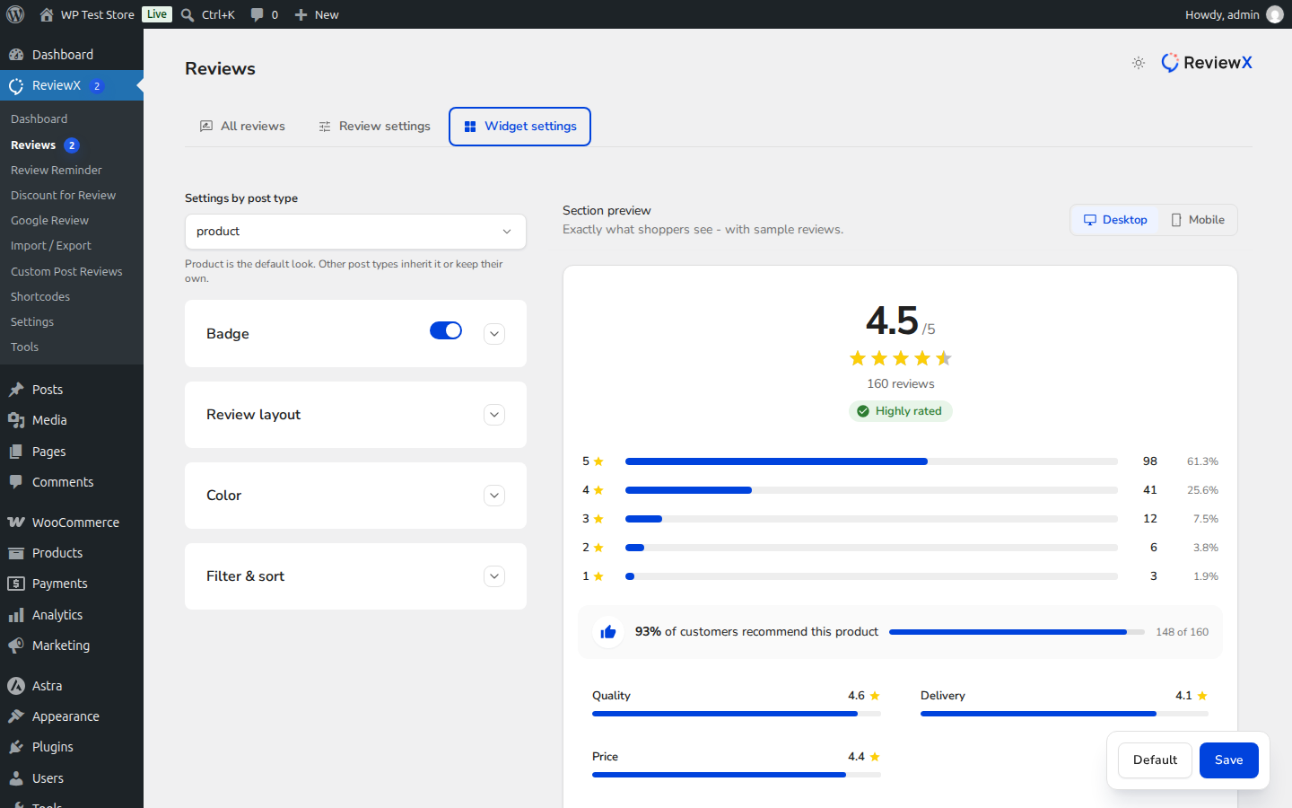 ReviewX Storefront Review Filtering and Sorting Options