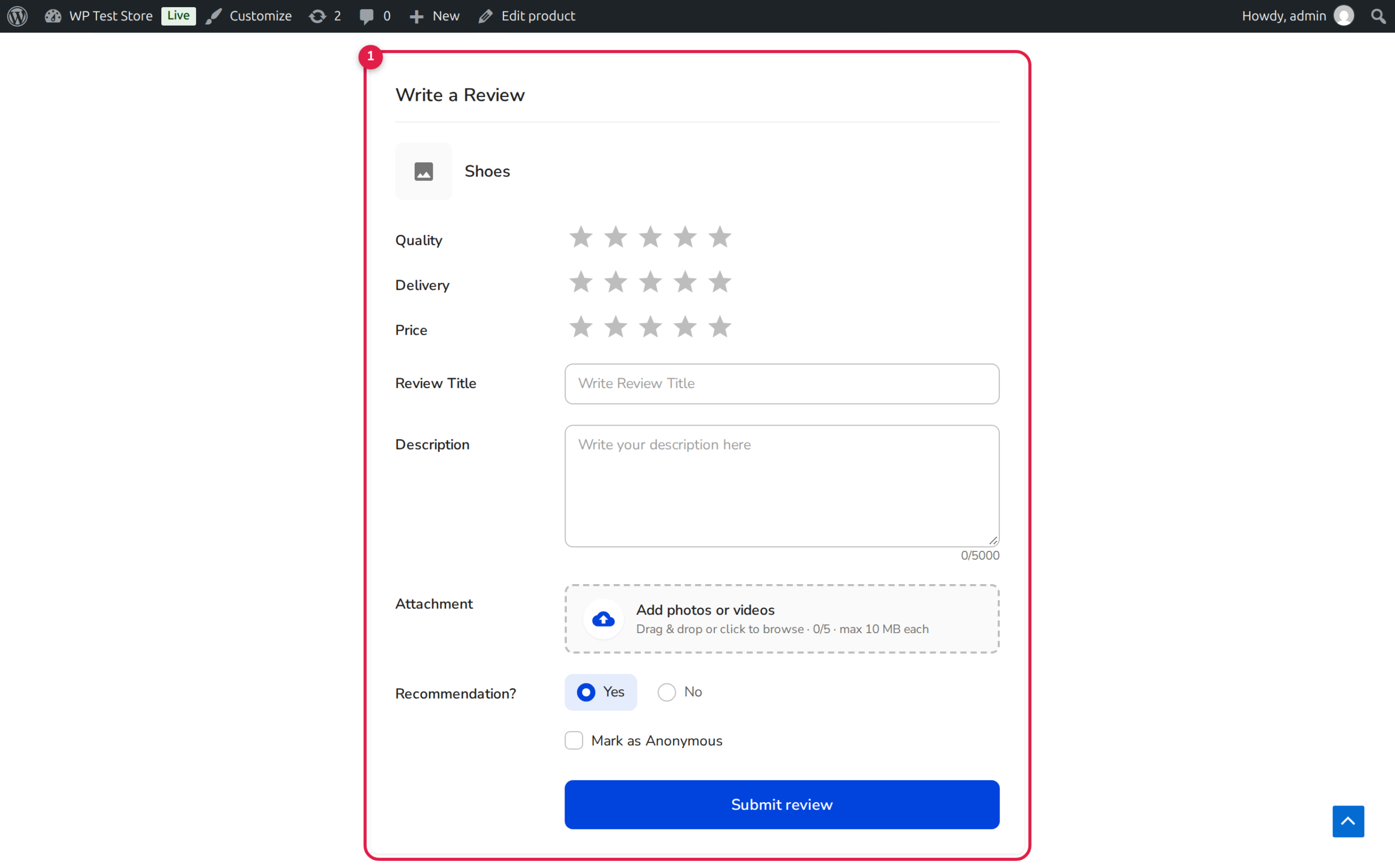 ReviewX Storefront Layout with Review Form Before Review List
