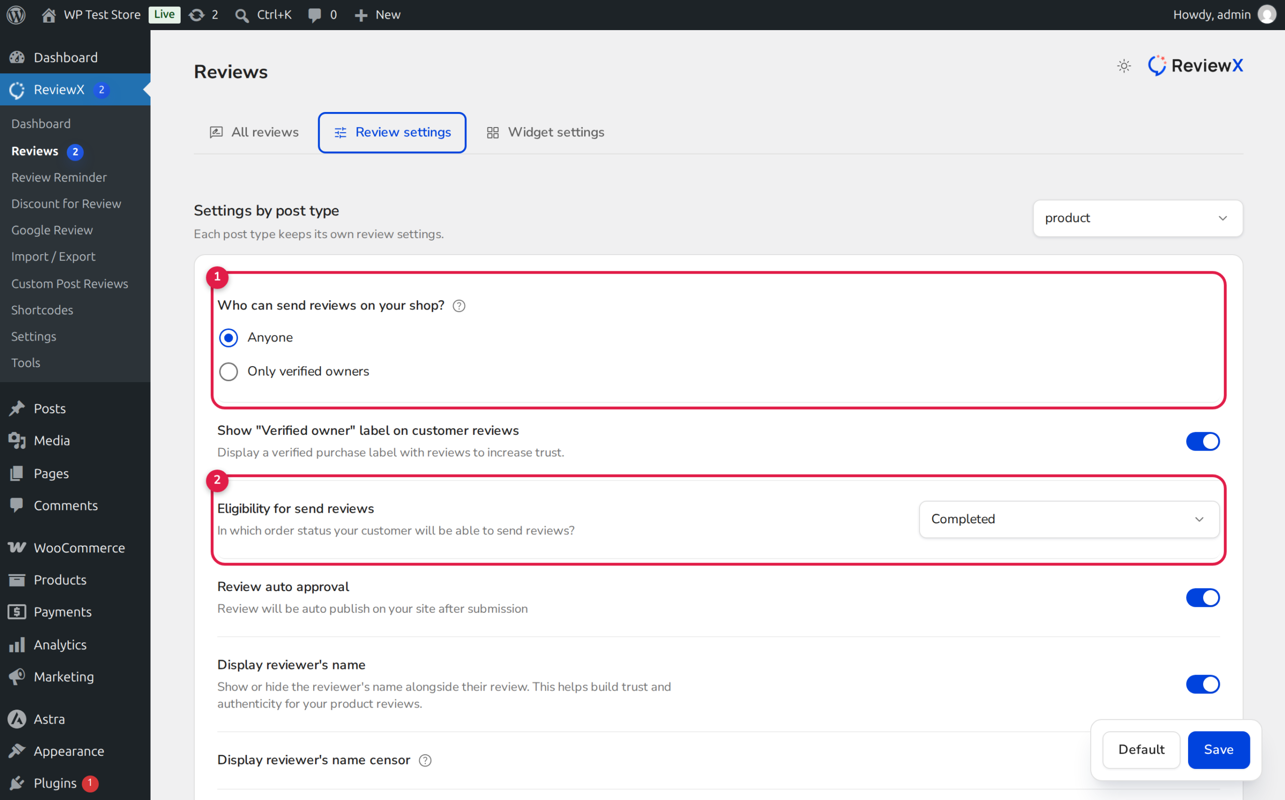 ReviewX Reviews Based on Order Status Eligibility Settings
