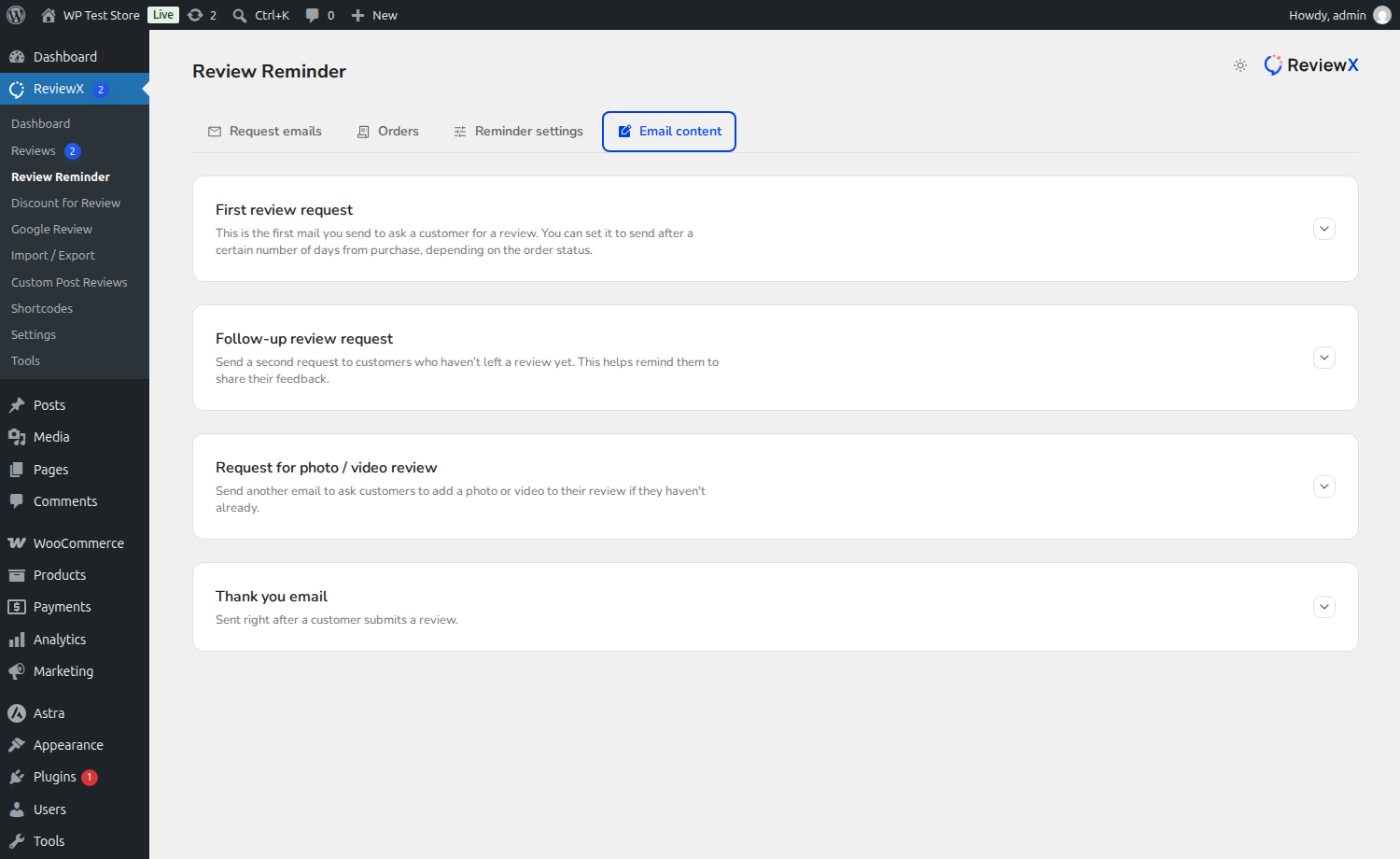 ReviewX Send Test Review Reminder Email Preview Modal
