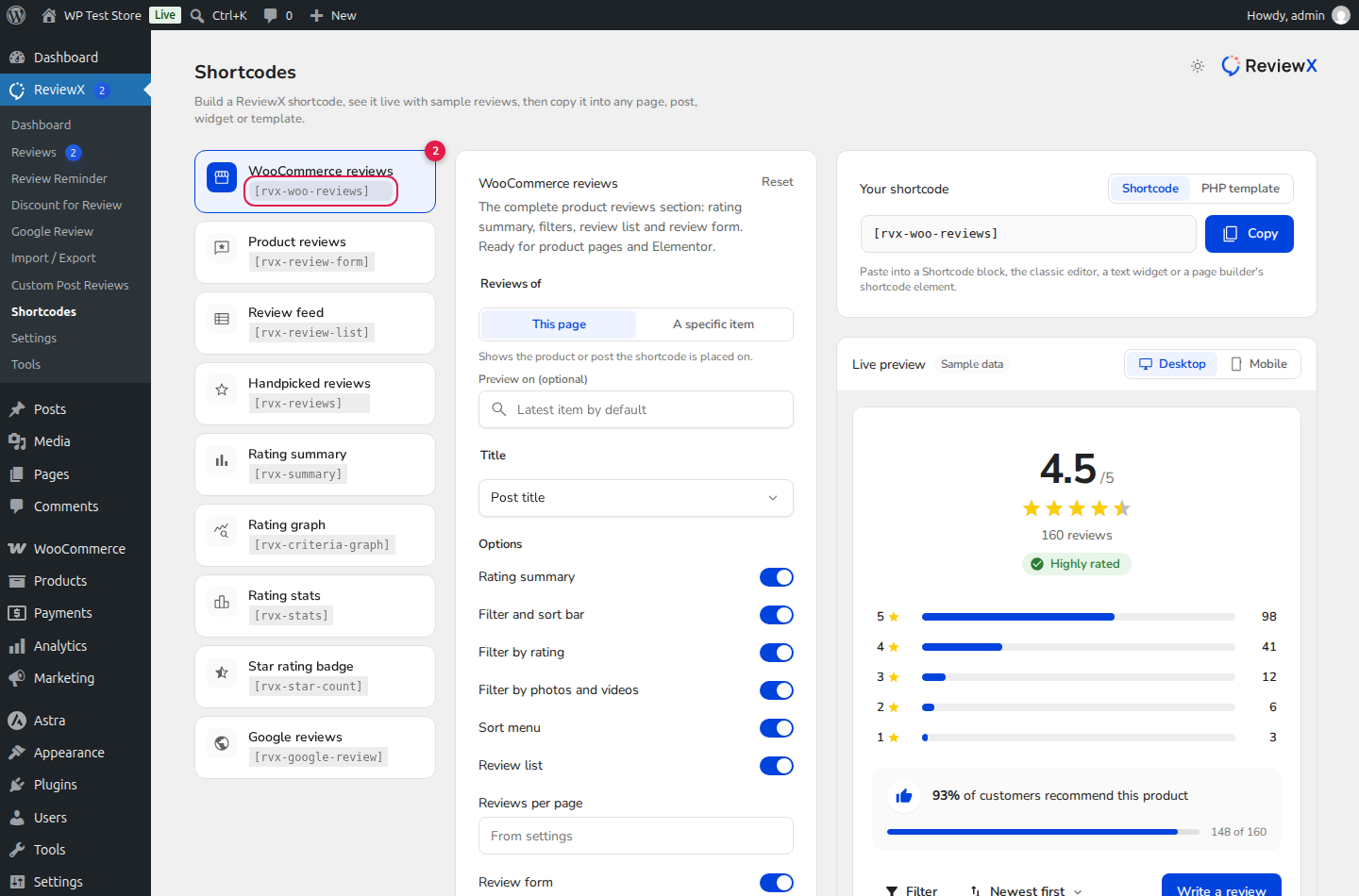 ReviewX Shortcode Builder Generator and Attributes Configuration